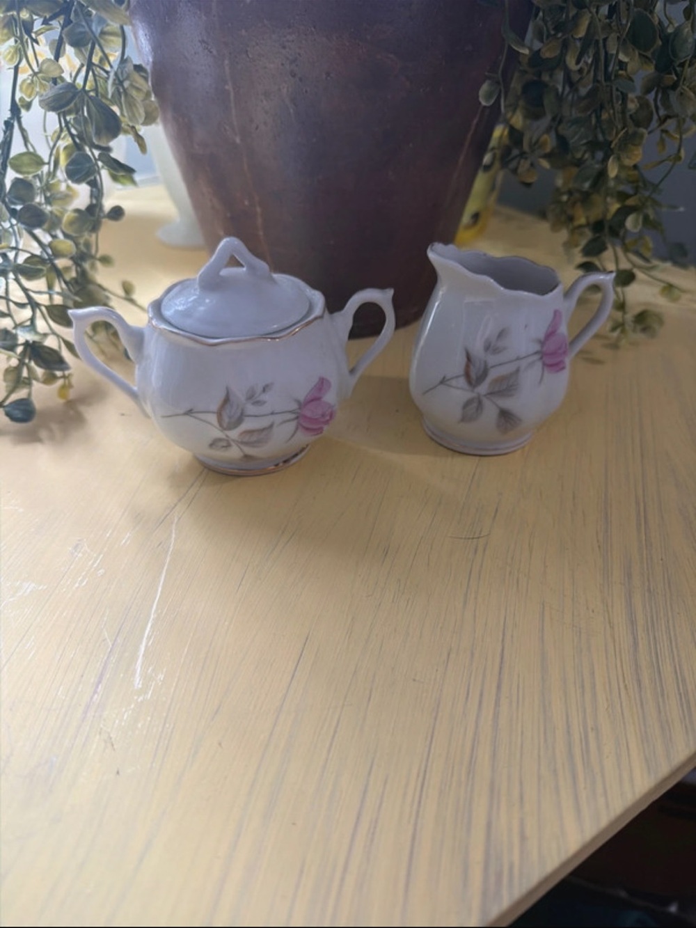 Enesco White Porcelain Sugar Bowl and Creamer with Pink Rose Motif
